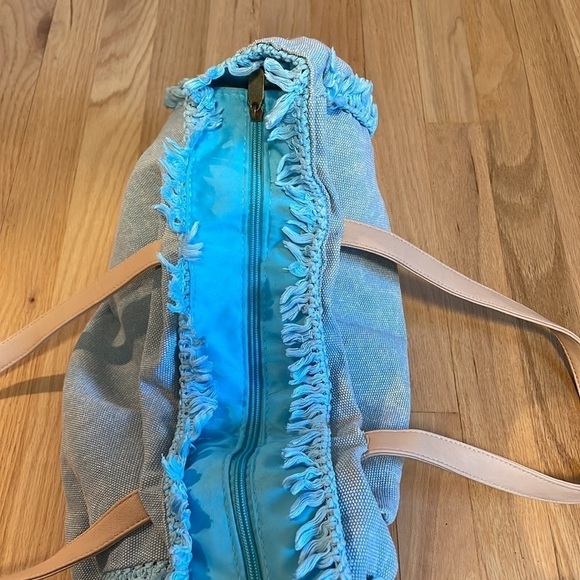 Sun N Sand Beach Bag Denim Frayed Light Blue Tan Zipper - Picture 6 of 11